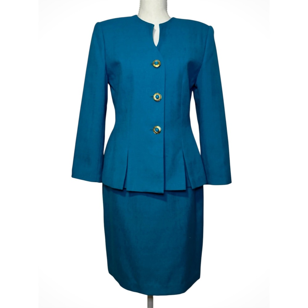 Vintage Kasper ASL Petite Women's 2 Piece Skirt Suit Size 8P Turquoise Career